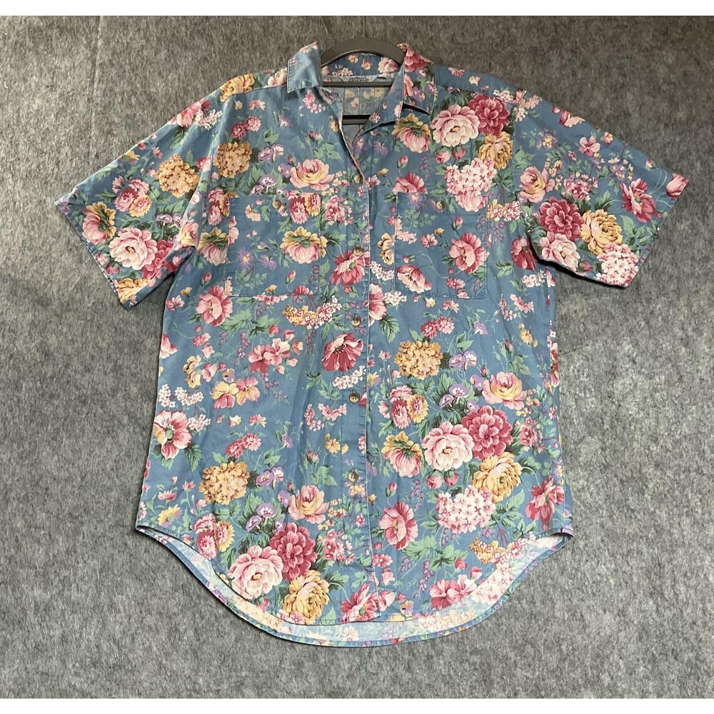 Vintage Gotcha Covered Womens Medium Blue Floral Chambray Cotton Cottage Prairie